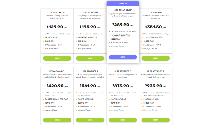 UltaHost Dedicated Server Hosting page