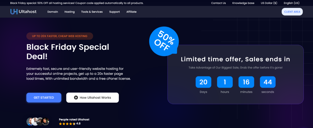 أعدت UltaHost عرضًا خاصًا للجمعة البيضاء! ولتتعرف على كم المبلغ الذي يمكنك أن توفرّه بسبب خصوماتنا، قم بزيارة موقعنا!