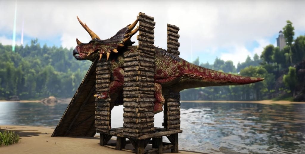 صورة لـ Triceratops عالقة في قاعدة فخ في ARK: Survival Evolved