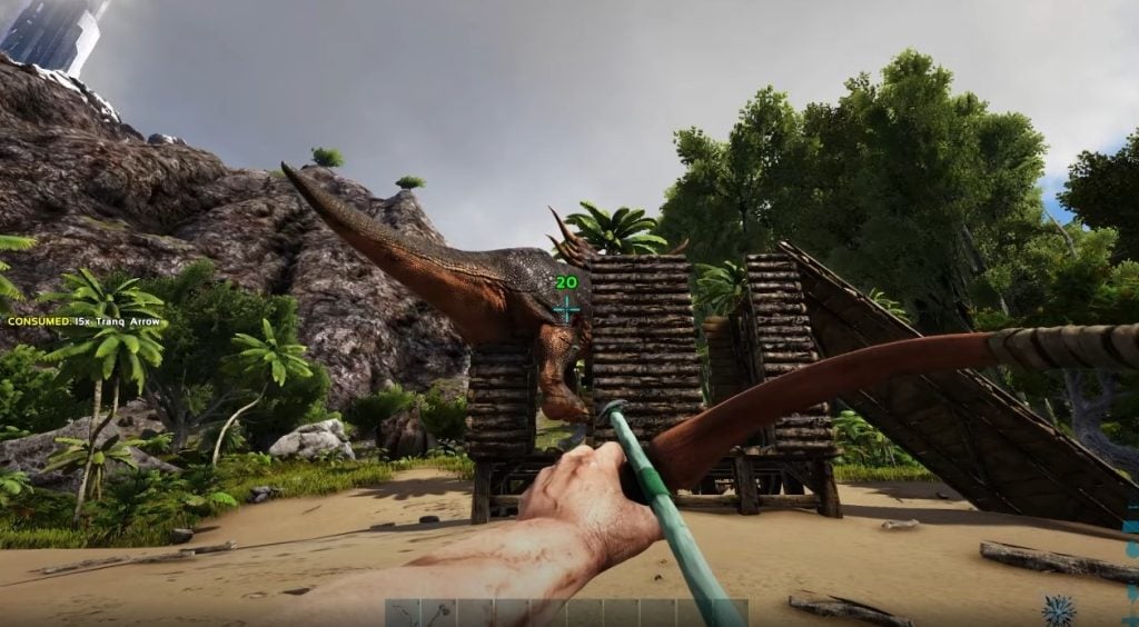 مهاجمة ديناصور باستخدام قوس ونشاب مخدر عالق في فخ في ARK: Survival Evolved