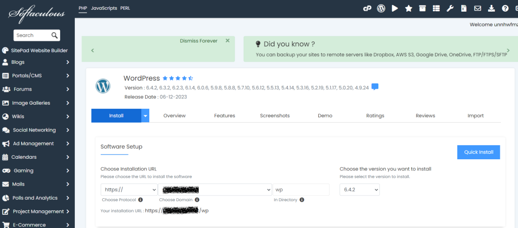 Softaculous WordPress Installation