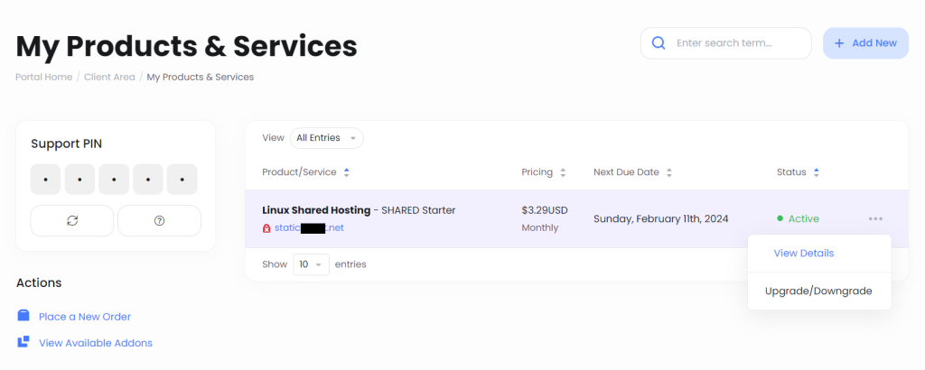 SunServer My Products and Services page