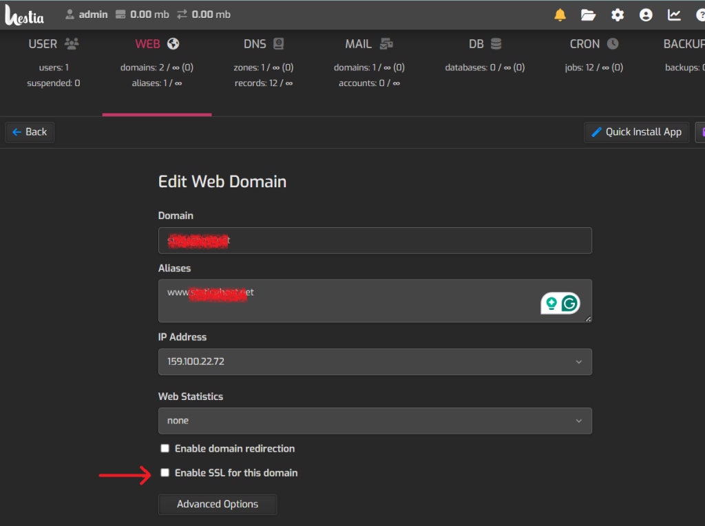 hestia ssl enable setting