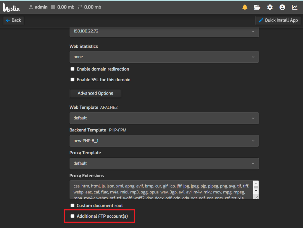 hestia ftp settings