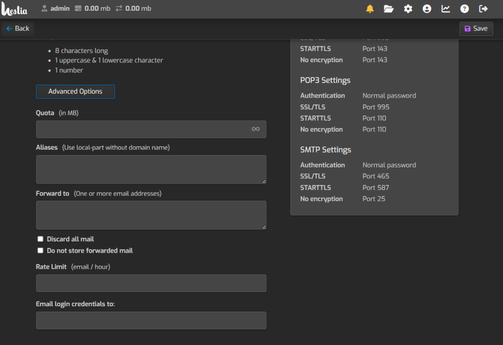 hestia mail advanced options