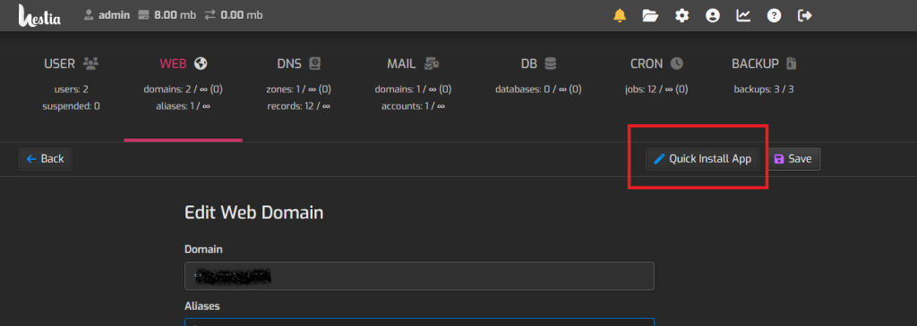 quick install app hestia