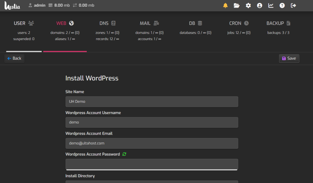 install wordpress hestia