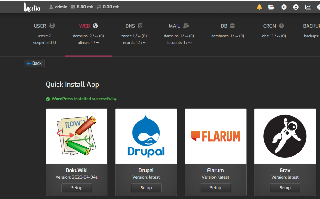 wordpress installed hestia