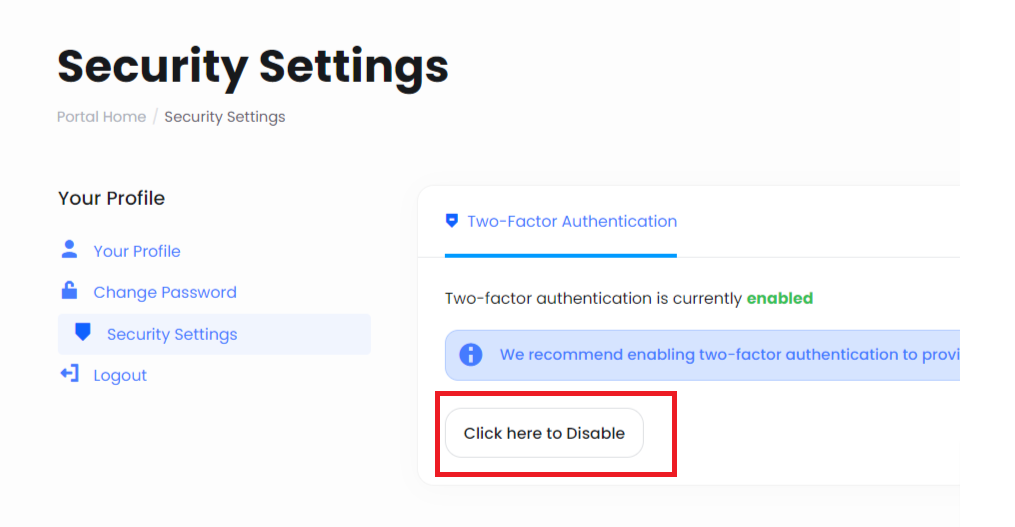 disabling 2fa SunServer