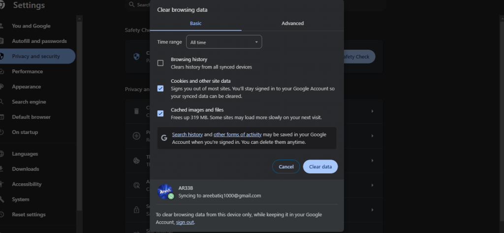 clear browser data
